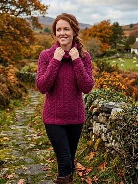 Aran Crafts 100% Merino Wool Cable Knit Cowl Turtleneck Irish Sweater Size S